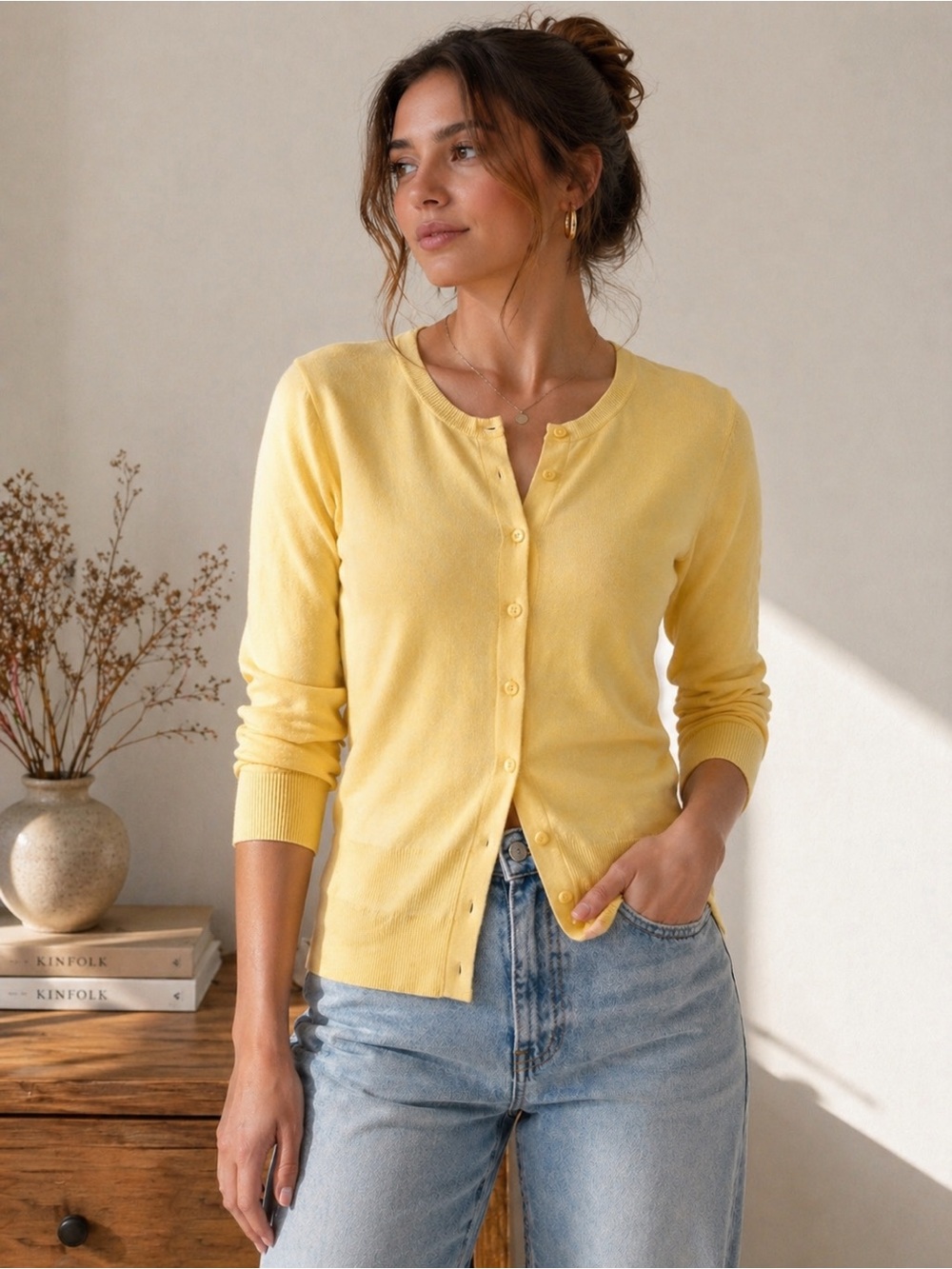 Butter Yellow Sz M Women's Crewneck Cardigan